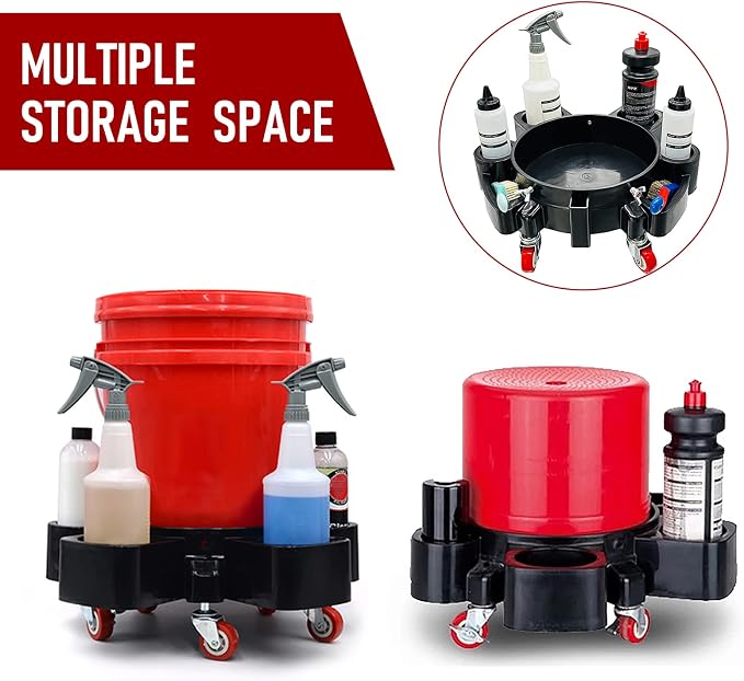 Car Wash Bucket Dolly, 5 Gallon Bucket Grit Trap, Removable Rolling Bucket Dolly with Side Organizer for Storing Spray Bottles and Detailing Kits, Suitable for Workshop Car Washing