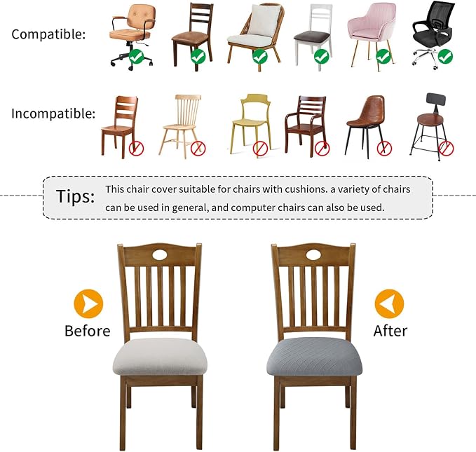 Fuloon Stretch Chair Seat Covers 6 PCS, Removable Washable Dining Chair Covers Anti-Dust Dining Room Seat Cushion Slipcovers (6, Light Grey)