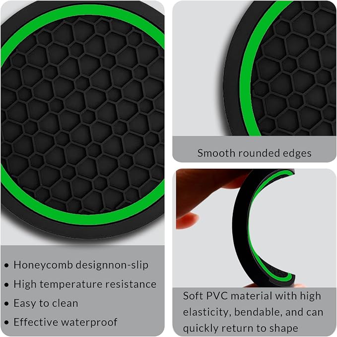 Car Cup Holder Coasters, Dustproof Automotive Interior Accessories Mat,2.75 Inch Non-Slip Insert Water Bottle Holder Pads, Universal for Vehicles, Trucks, RVs and More (Black/Green, 2PCS)
