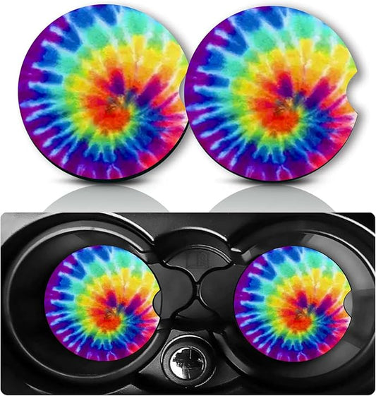 2Pcs Tie Dye Car Coasters,2.75" Neoprene Rubber Cars Cup Holder Coasters | Universal Non‑Slip Mat, Drink Coaster Decor Auto Accessories Tie Dye Gifts for Women,Men,Mom