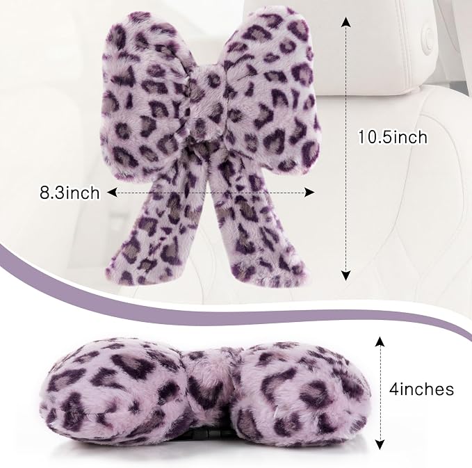 Macarrie 2 Pcs Car Neck Pillow Plush Butterfly Bow Car Headrest Pillow Comfortable Seat Neck Support Cute Head Rest Accessories for Driving Travel Driver Chair Girl Interior Decor(Purple,Leopard)