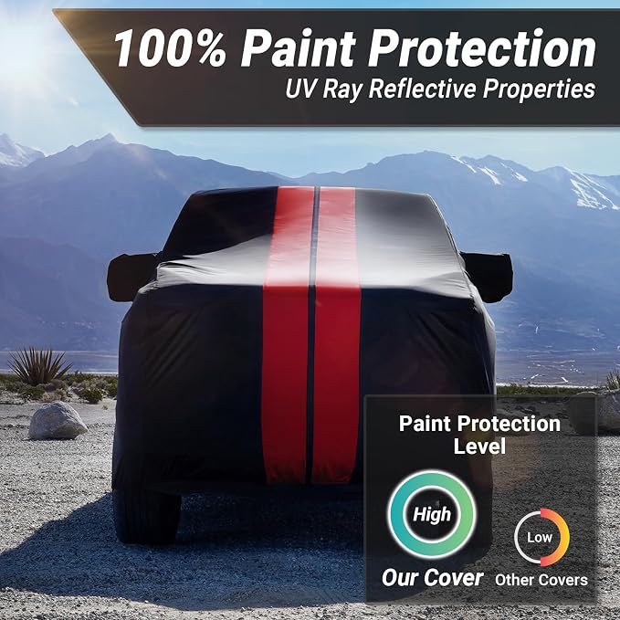 iCarCover Premium Heavy Duty Truck Car Cover - Waterproof All Weather Rain Snow UV Protection, F150 250, C/K 3500, Silverado, Ram, Tundra, Sierra, Titan, Size T70 (See Size Chart), Stripe - Black/Red