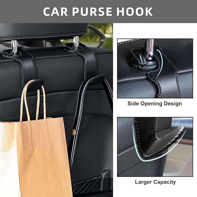 Headrest Hooks for Car, 2 Pack Back Seat Purse Hook Leather Hanger Holder Hook for Hanging Purses and Bags and Coats Black