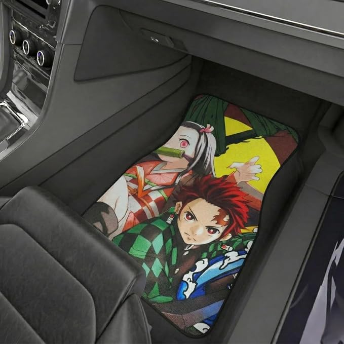 Anime Car Carpet Mat Set of 2 Front, Tanjirs Nezka Design Automotive Accessories Interior All Weather Floor Mats Decor with Non Slip Black Anti Skid Backing