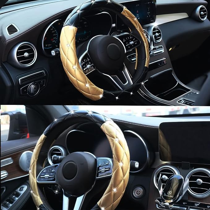 Black Gold Leather Bling Steering Wheel Cover, Anti-Slip Steering Wheel Protector with Crystal Rhinestones, Bling Steering Wheel Cover for Women and Girl Fit 14.5-15 inch
