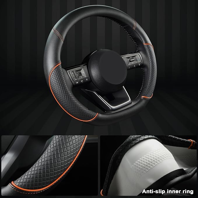 GIANT PANDA D Shape Steering Wheel Cover for Nissan Rogue Kicks - Auto Car Steering Wheel Cover Customized for Nissan Altima Sentra(Black+Orange Line-D-Shaped)