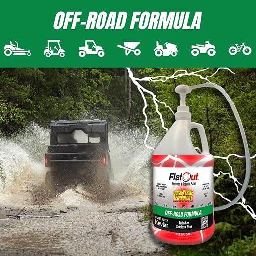 FlatOut QuickStrike Tire Sealant - Off-Road Formula - Prevents Flat Tires - Seals Leaks - Contains Kevlar - Tubeless Tire Sealant - 1 Gallon + Tool