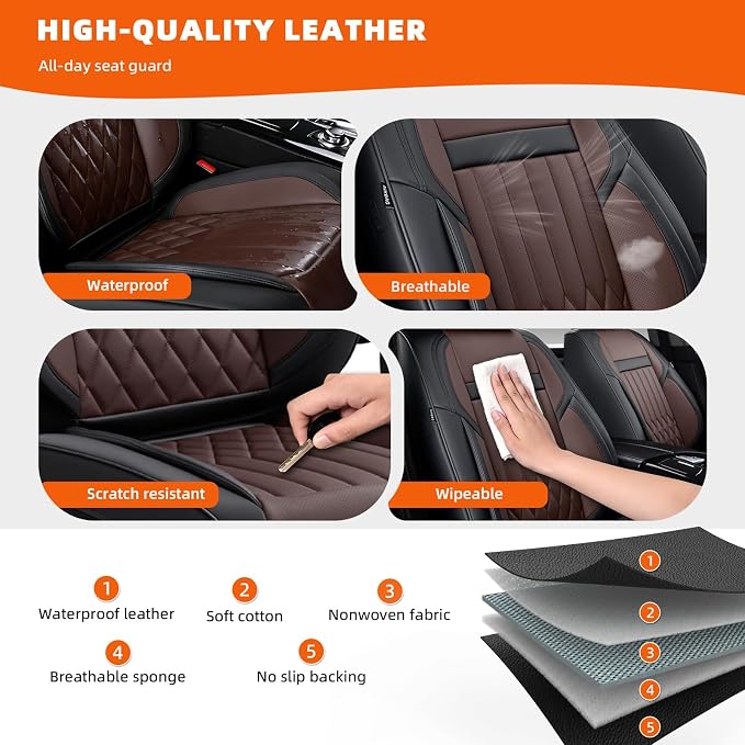 Universal 5-Seater Waterproof Breathable Nappa Leather Car Seat Covers Full Set, Compatible with Hyundai Tucson Sonata, Jeep Renegade, Honda HR-V, Fit Front Rear Seats Most Sedans SUV Black Brown