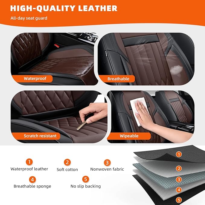 2-Seater Waterproof and Breathable Nappa Leather Car Seat Covers Full Set, Fit for Front Seats of Cars, Compatible with Airbags, Car Seat Protector Covers for Most Cars - Black Coffee