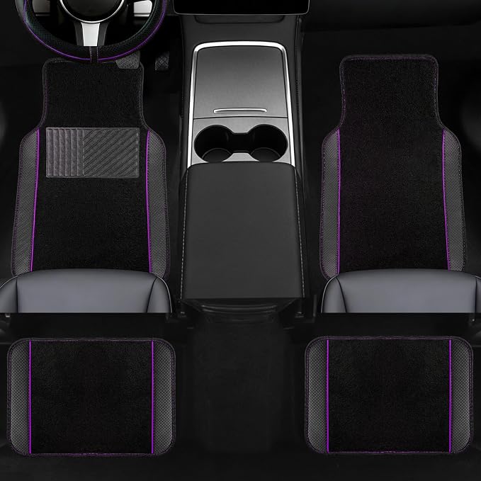 NBTEPEM Microfiber Steering Wheel Cover and Waterproof Car Floor Mats, Universal Fit Most Truck, SUV, Cars, 14.5-15inch Sporty Steering Wheel Covers with Anti-Slip Lining (Black with Purple line)