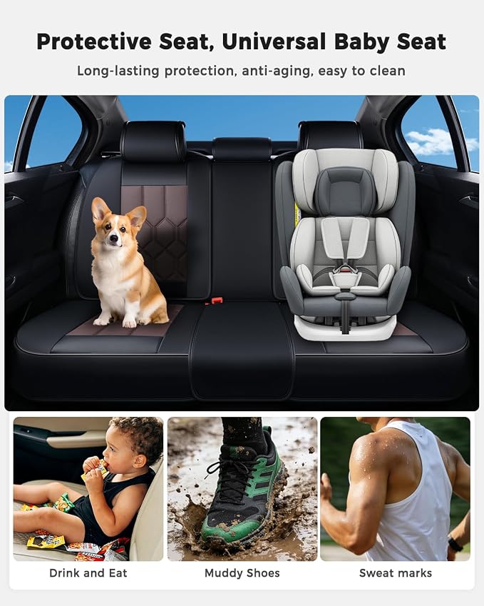 Huidasource Black & Coffee Seat Covers, Universal Fit for Cars SUVs Trucks | Full Coverage Leather Seat Cover, Airbag, Cupholder Compatible, Seat Function Retain, Easy Install with Velcro