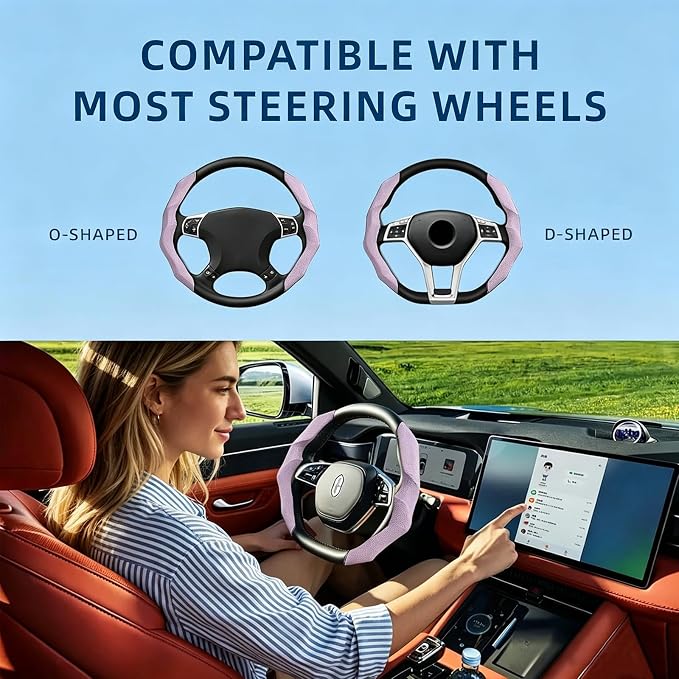 Suede Steering Wheel Cover 2PCS Segmented Clip-on Protector (Suede Pink) | Universal Fit, Anti-Slip Lining, Sporty Style, Car Interior Accessory for Men and Women