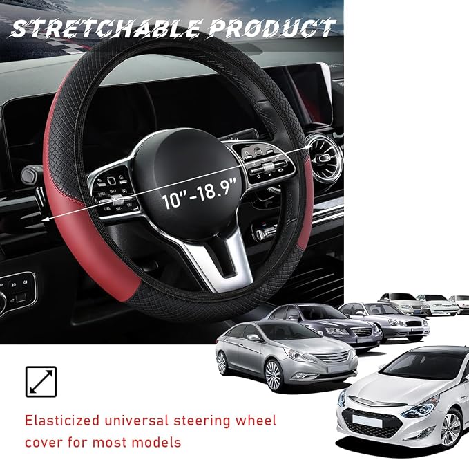 povtii Car Steering Wheel Cover, 15 Inch Leather Breathable Auto Steering Wheel Protector, Comfortable Non-Slip Vehicle Steering Wheel Covers, Universal Interior Car Accessories (Wine Red)