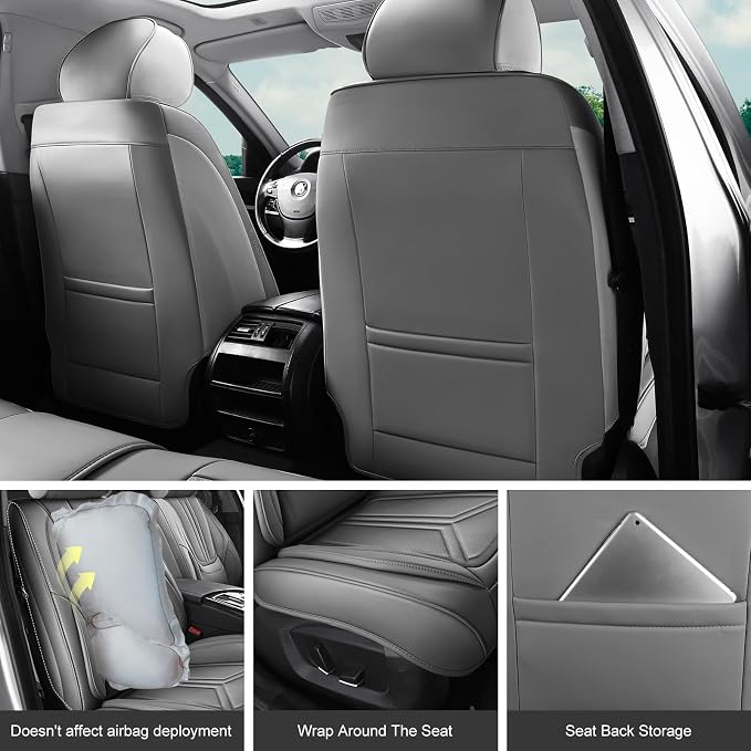 Car Seat Covers Full Set Gray, Premium Leather Car Seat Covers, Waterproof and Breathable Seat Covers, Universal Car Seat Protector Fit for Cars, Trucks, SUVs, Pick-ups