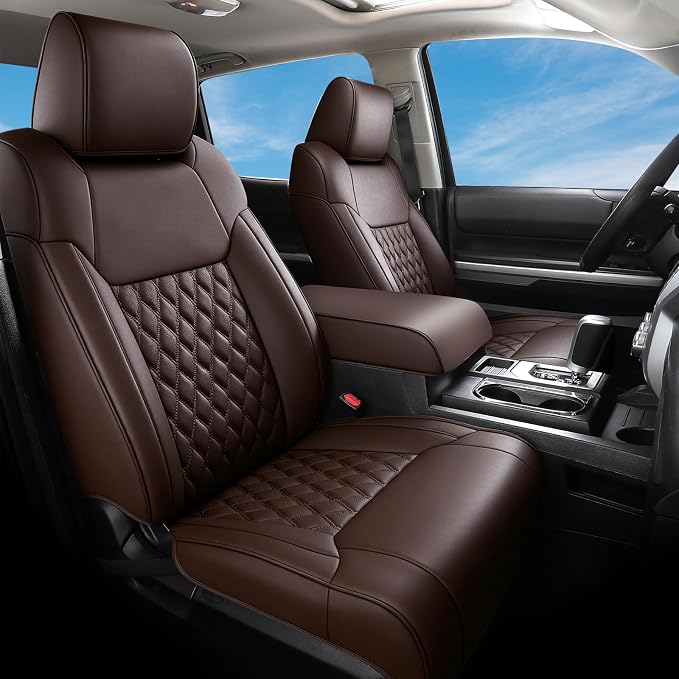 Huidasource Coffee Front Seat Covers Fit for Toyota Tacoma 2005-2015 All Cab Base Prerunner SR5 Limited TRD Sport Front Row, 360° Full-wrap Waterproof Nappa Leather Automotive Seat Cushion Cover