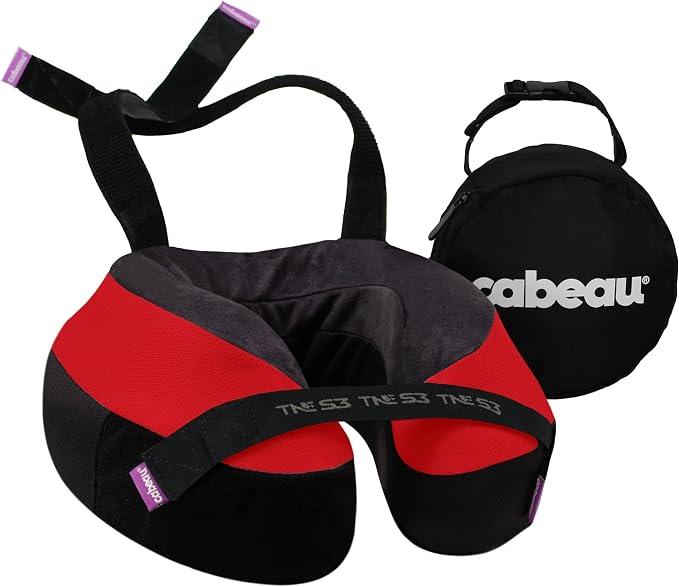 Cabeau Travel Neck Pillow for Airplanes – The Neck’s Evolution, TNE S3 – Supportive Memory Foam Design for Long Haul Flights – Attachable Seat Straps and 360° Support (London Red)