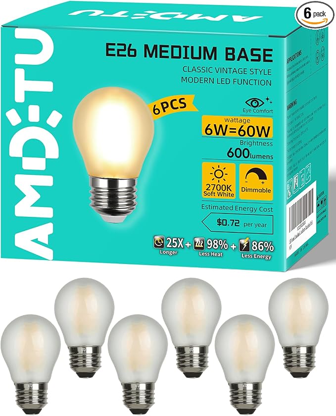Vintage Edison LED Short Bulbs E26 G45 Small Globe 60W Dimmable 2700K 6PK | AMDTU Soft white Short round light bulb for Home Lighting Fixtures Ambiance in Living Rooms and Bedrooms 12Pack