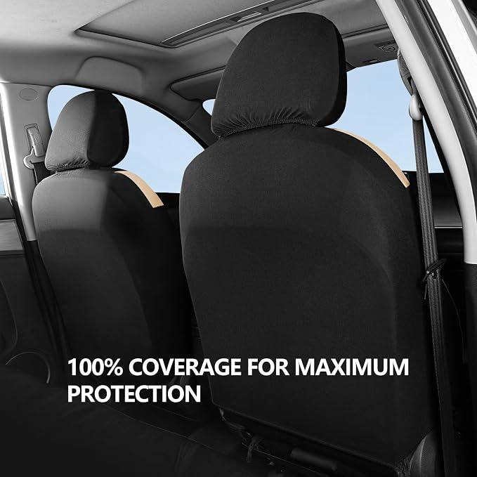 HChengkikz Front Car Seat Cover, Cloth and Washable (Black + Beige) | Breathable, Airbag compatible, Easy to Install, Universal Fit for Most Cars, Sedans, Truck, SUVs