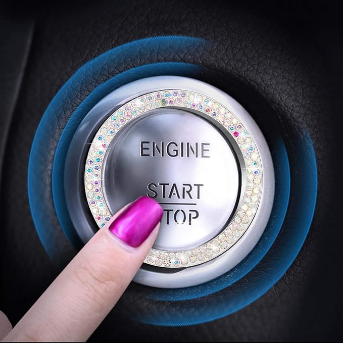 WINKA 2pcs Bling Car Engine Start Button Cover Diamond Crystal Push Start Stop Button Ring Sparkly Bling Ignition Button Cover Rhinestone Keyless Ignition Ring Universal Car Accessories (Colorful)