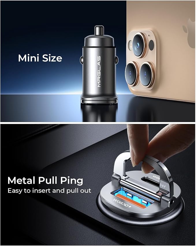 MRGLAS 125W USB C Car Charger, USB C Car Charger Adapter Fast Charging | [Mini & Metal][PD65W & QC60W] Dual Port Type C Cigarette Lighter USB Charger for iPhone 16 15 Pro Max S25 MacBook-Silver Gray