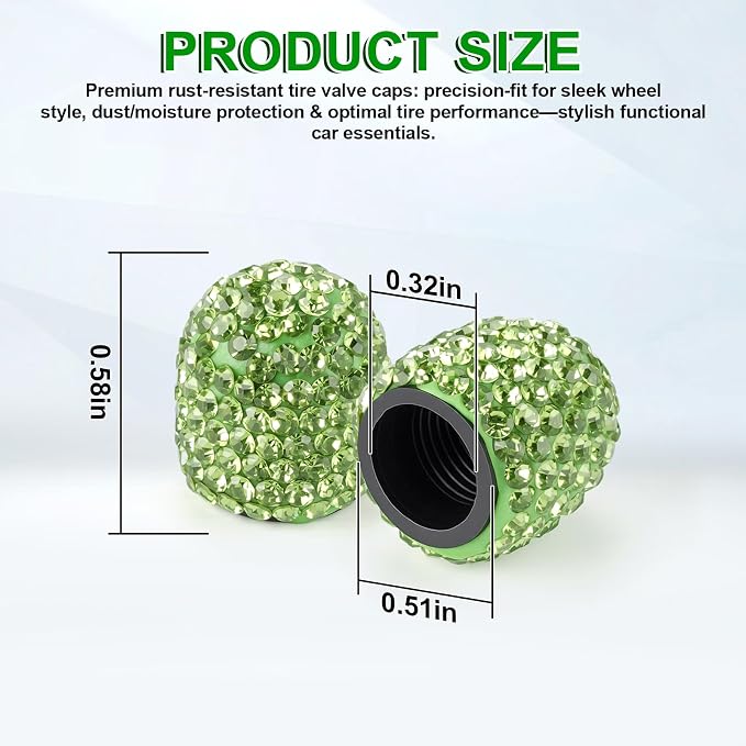 JUSTTOP 4 Pack Handmade Crystal Rhinestone Car Tire Valve Stem Caps, Universal for Cars, Trucks and Motorcycles - Green