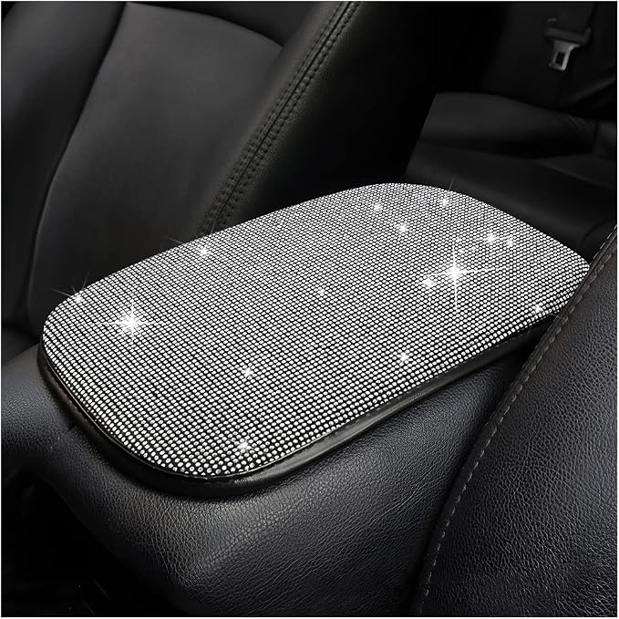Bling Center Console Cover, Diamond Fashion ArmRest Pad, Crystal Soft Arm Rest Protective Cushion, Car Accessories for Women Girls, 11.8"×8.5" for Most of Vehicles, SUVs, Trucks (Black&White)