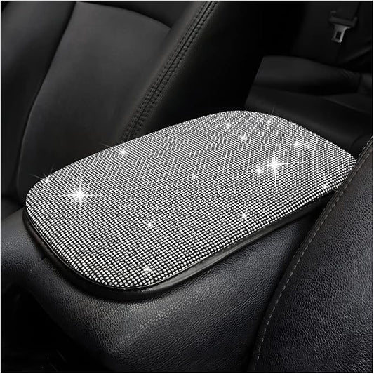 Bling Center Console Cover, Diamond Fashion ArmRest Pad, Crystal Soft Arm Rest Protective Cushion, Car Accessories for Women Girls, 11.8"×8.5" for Most of Vehicles, SUVs, Trucks (Black&White)
