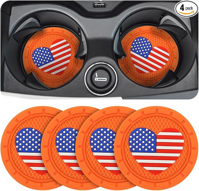 AUCELI 4 Pack Car Cup Holder Coasters, Colored American Flag US Flag Insert Car Cup Coaster, 2.75 Inch Anti Slip Shockproof Embedded Drink Mat, Vehicle Interior Decor Accessories