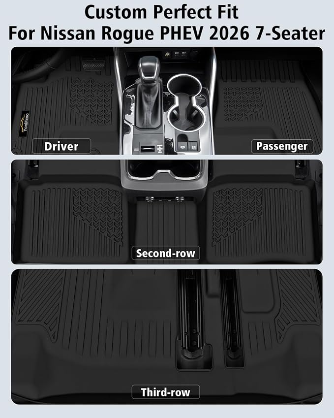 Floor Mats Custom Fit for Nissan Rogue PHEV 2026 7-Seater, All Weather TPE Cargo Liner with Backrest Protector, Full Set Trunk Mat for Rogue PHEV Accessories, Black