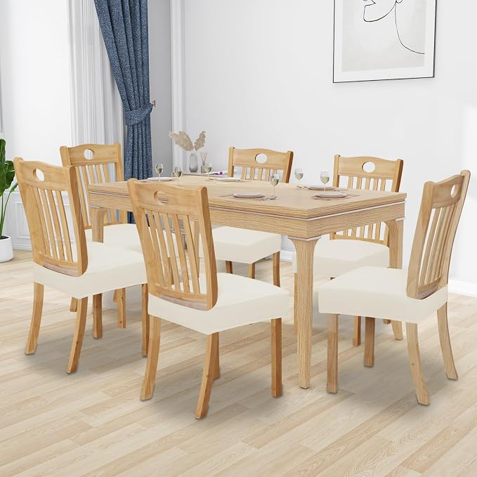 Easy-Going 100% Waterproof Seat Covers for Dining Room Chairs Set of 8, Stretch Chair Seat Slipcovers Protector Removable and Washable Kitchen Dining Chair Covers, Ivory