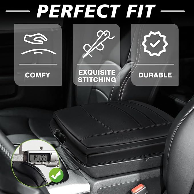 Muslogy Center Console Armrest Cover Fit for Dodge Ram1500/2500/3500 2013-2018 Accessories, Comfort Armrest Pad Console Lid Cushion Vegan Leather 1-Inch Extra Thick(Bucket Seat ONLY)
