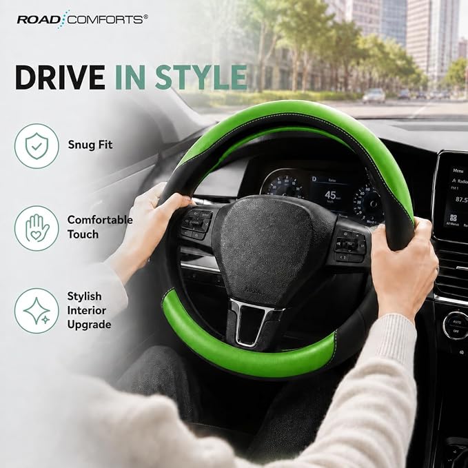 Road Comforts Steering Wheel Cover – Breathable Leather Steering Wheel Cover, Anti-Slip Grip, Universal Fit 14.5” to 15”, Heat & Cold Resistant for Cars, SUVs, and Trucks – Black & Shining Green