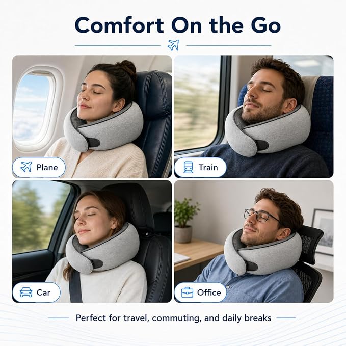 Purroch G-Shape Memory Foam Travel Neck Pillow - 100% Pure Foam Ergonomic Support with Eye Mask & Ear Plugs for Airplane Flights, Car Trips & Office Naps, Medium Gray