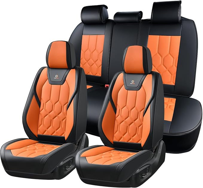 Huidasource Car Seat Covers, Universal Fit for Cars SUV Truck, Black&Orange | Full Coverage Leather Seat Cover, Airbag, Cupholder Compatible, Seat Function Retain, Easy Install with Velcro