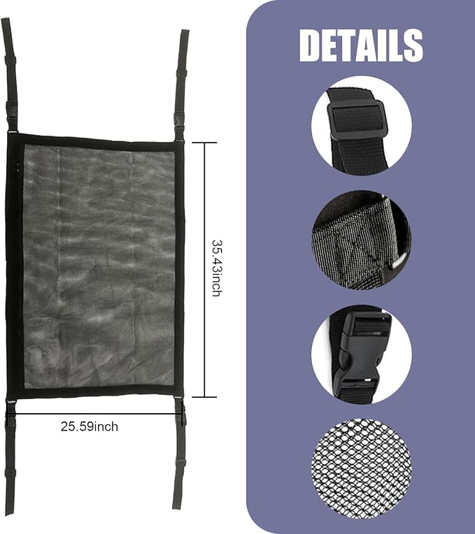 Pack-1 Hang Car Ceiling Cargo Net Replacement, 35.43In x 25.59In Adjustable Vehicle Storage Net Pocket with Zipper Buckle, Universal Durable Automotive Ceiling for Truck SUV Car (Black)