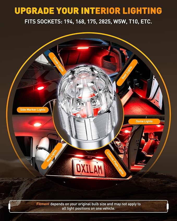 OXILAM 194 LED Bulb Red 700% Brighter T10 168 2825 W5W LED Bulbs Canbus Error Free for Dome Map Door Courtesy License Plate Trunk Cargo Interior Lights, Pack of 2