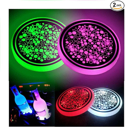 2PCS LED Car Cup Holder Lights, Light up Car Coasters for Cup Holders 7 Color-Changing Light Up Cup Holder Insert Coasters, Waterproof Car Accessories for Teens, Car Gifts for Men & Women