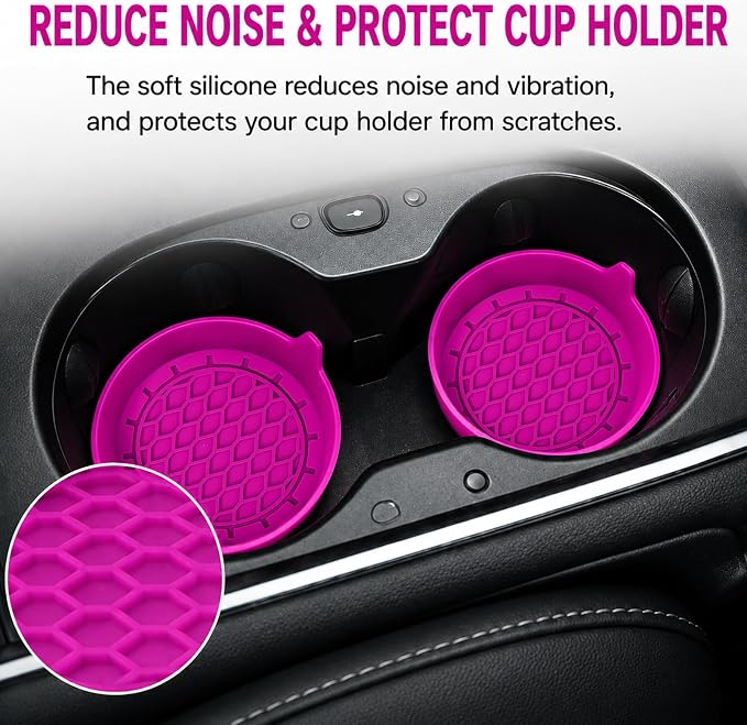 4 PCS Car Cup Holder Coaster, 3.15 in Non-Slip Silicone,Dark Purple | Cup holder insert, spill proof ,raised lip, honeycomb base, rinse clean, fits most sedans suvs trucks, automotive accessories
