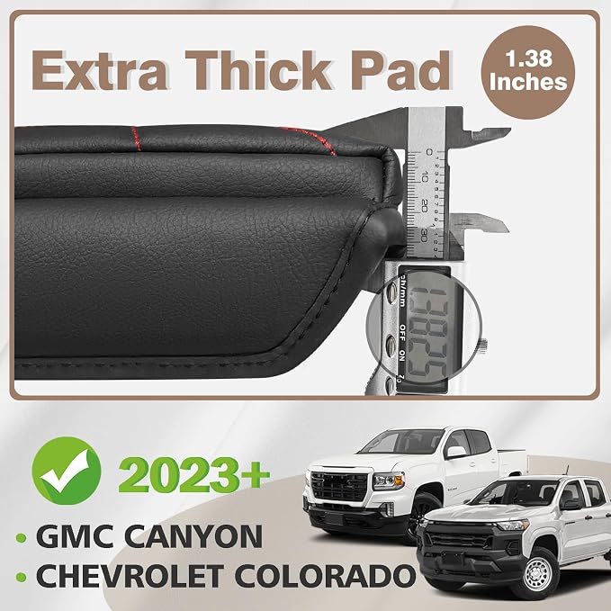 Muslogy Center Console Armrest Cover Fit for Chevrolet Colorado/GMC Canyon 2023-2026 Accessories, Comfort Armrest Pad Console Lid Cushion Vegan Leather 1-Inch Extra Thick(Red Stitching)