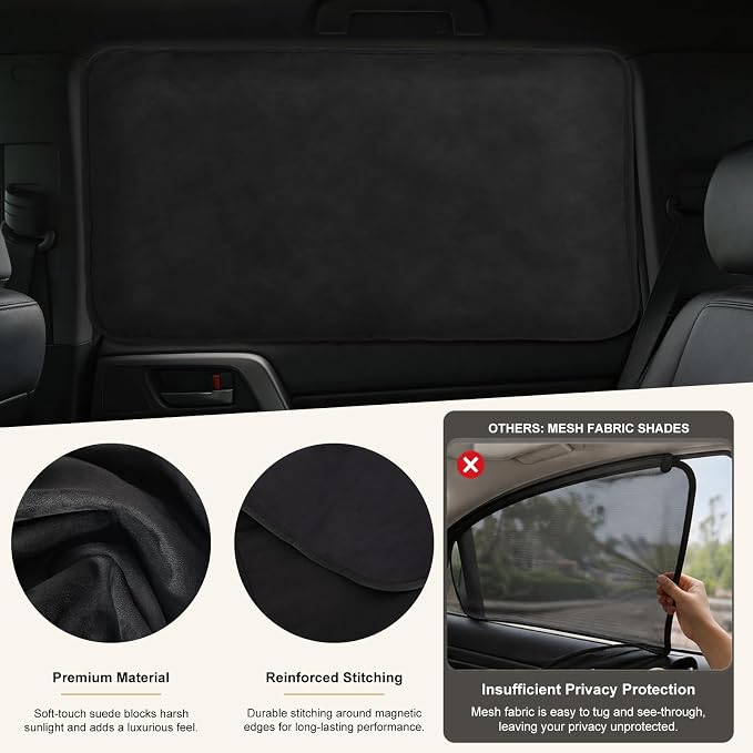 XCBYT Suede Rear Car Window Shades 2 Pack, 100% Blackout Privacy | 100% blackout keeps the backseat cool for baby naps & nursing. Premium soft suede. Fits iron frames only (30.3x18.9")