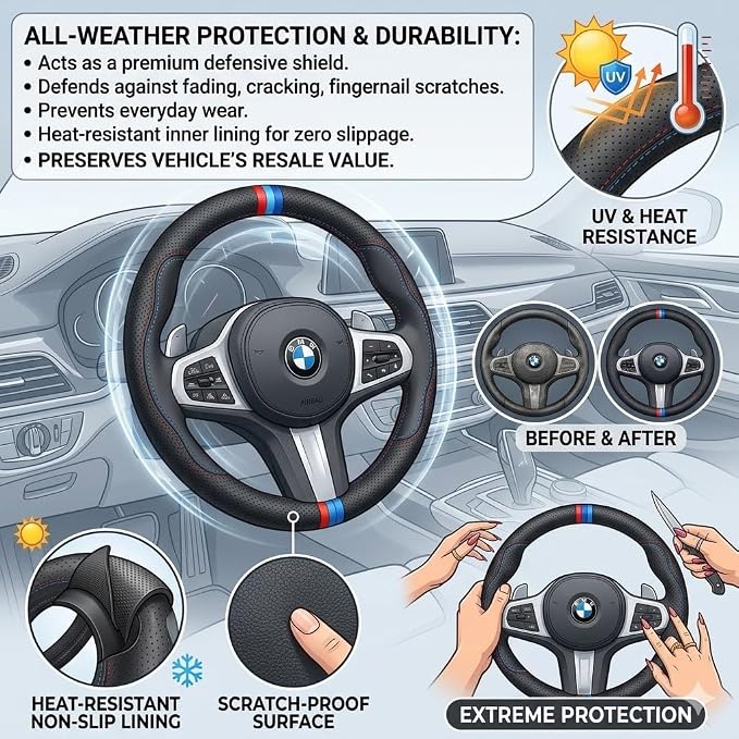 Car Steering Wheel Cover for BMW X3 X5 3 5 Series, Microfiber Leather | Universal fit for BMW 14.5-15 inch wheels (2003-2026). Trendy S-shaped pattern design in durable black leather.