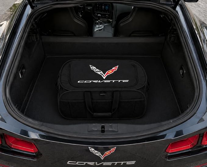 SR1 Performance USA C8 Corvette Trunk Organizer – Expandable Pop Up Collapsible Cargo Storage Caddy for 2020-2026 Chevrolet Corvette Stingray, Z06 & E-Ray – Black with Crossed Flags Logo
