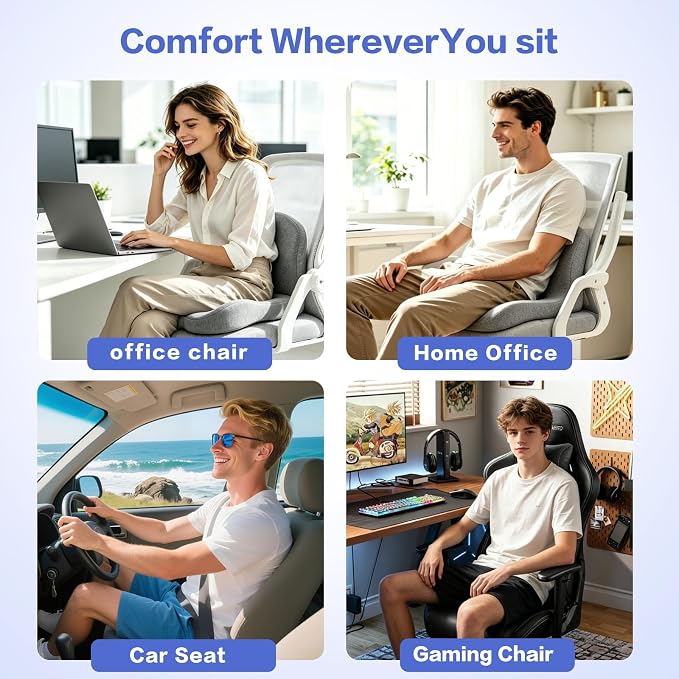 Back and Seat Cushion for Office Chair, Light Grey | Wide ergonomic memory foam, coccyx cutout & adjustable straps, tailbone & back relief, non-slip for car, home & gaming