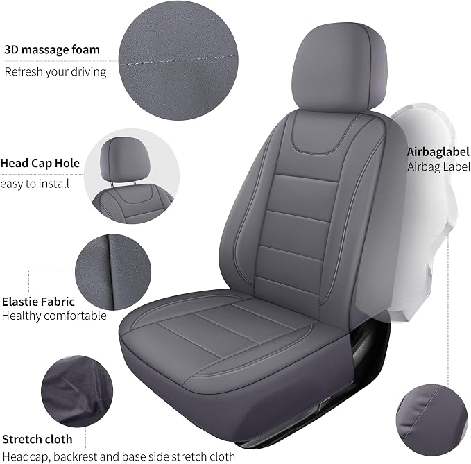 HChengkikz Car Seat Cover, Waterproof Faux Leather (Gray) | Car Seat Protectors, Quilting, Easy to install, Airbag Compatible, Universal Fit for Most Suvs, Trucks, SUVs