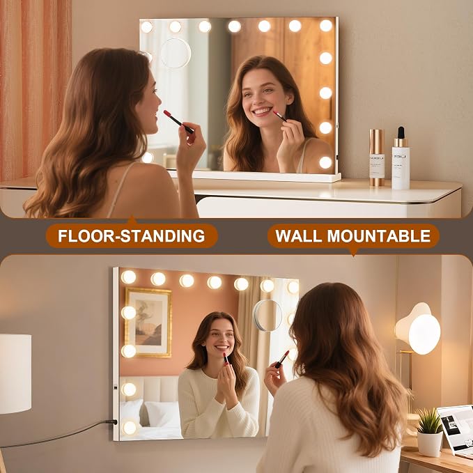 Vanity Mirror with Lights, Bluetooth, 10X Magnifier, 23 x 18 in | 15 LED bulbs, 3 color modes, desk or wall mount, USB charging port