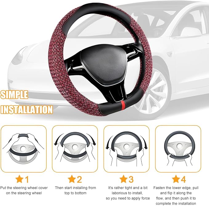 Zpana Car Steering Wheel Cover, 14.5-15" Breathable Linen Sporty Vehicle Steering Wheel Protector with Non-Slip Lining, Automotive Interior Decoration Accessories, Universal Fit (Black/Red)