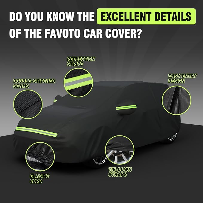 Favoto Car Cover Waterproof All Weather Windproof for Hatchback 157-171’’ | UV Protection, Soft Cotton Lining, Driver Door Zipper, Reflective Strips and Storage Bag Included with Vehicle Fitment Black