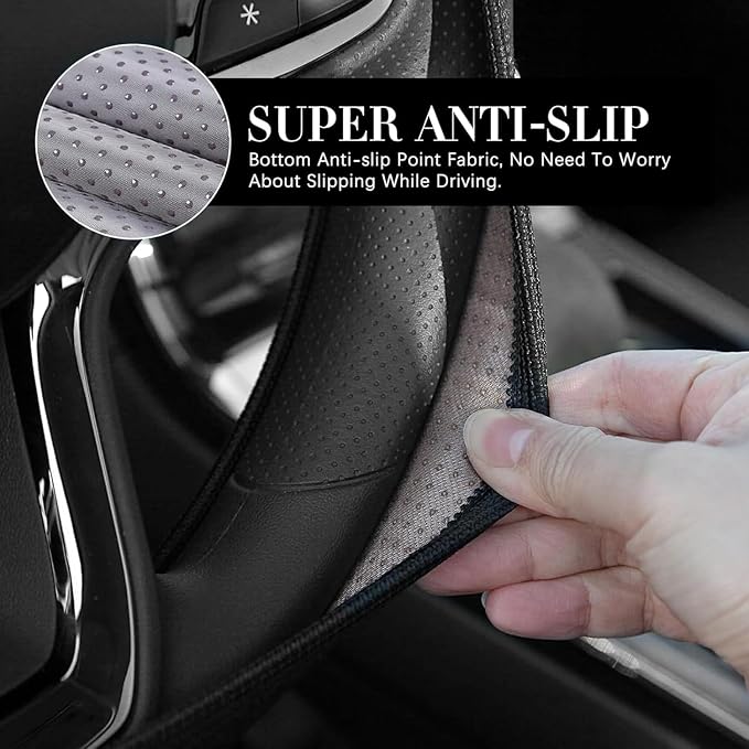 Car Steering Wheel Cover, Leather, Anti-Slip Lining, Universal for Acura, 14.5-15 Inch, Black