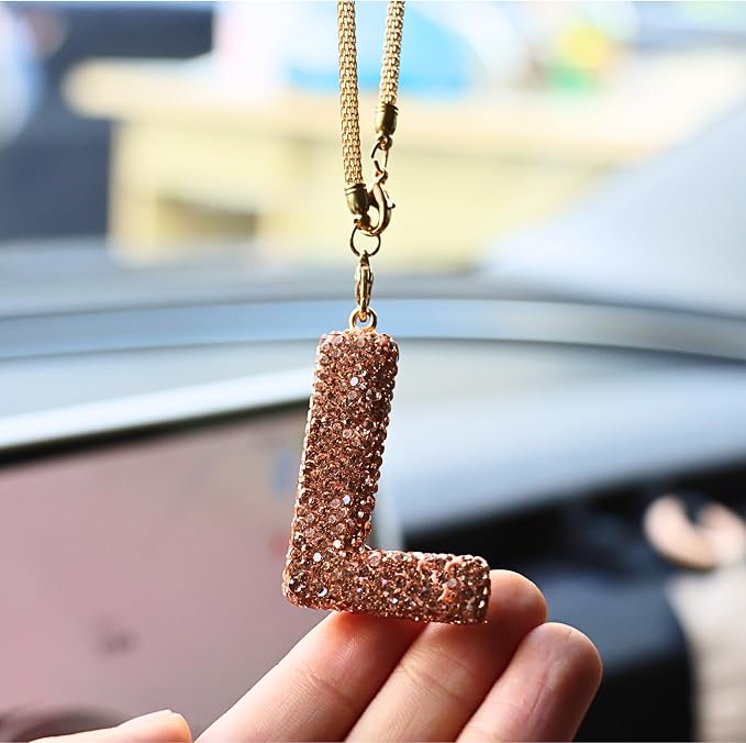 Bling Car Accessories for Women Letter Charm, Rainbow Crystal Rearview Mirror Pendant, Cute Diamond Rhinestone Car Decor, Lucky Gift for Women(L, Champagne Gold)