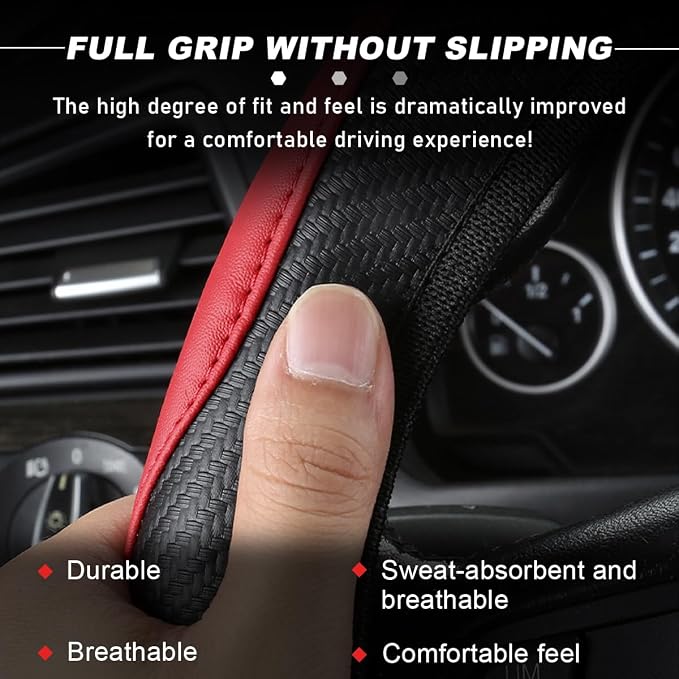 DXNQ Car Steering Wheel Cover, 15 Inch Carbon Fiber Leather Stitching Color Steering Wheel Protector, Anti-Slip Elastic Breathable Steering Wheel Cover Stylish Decor for Most Cars (Black & Gray)